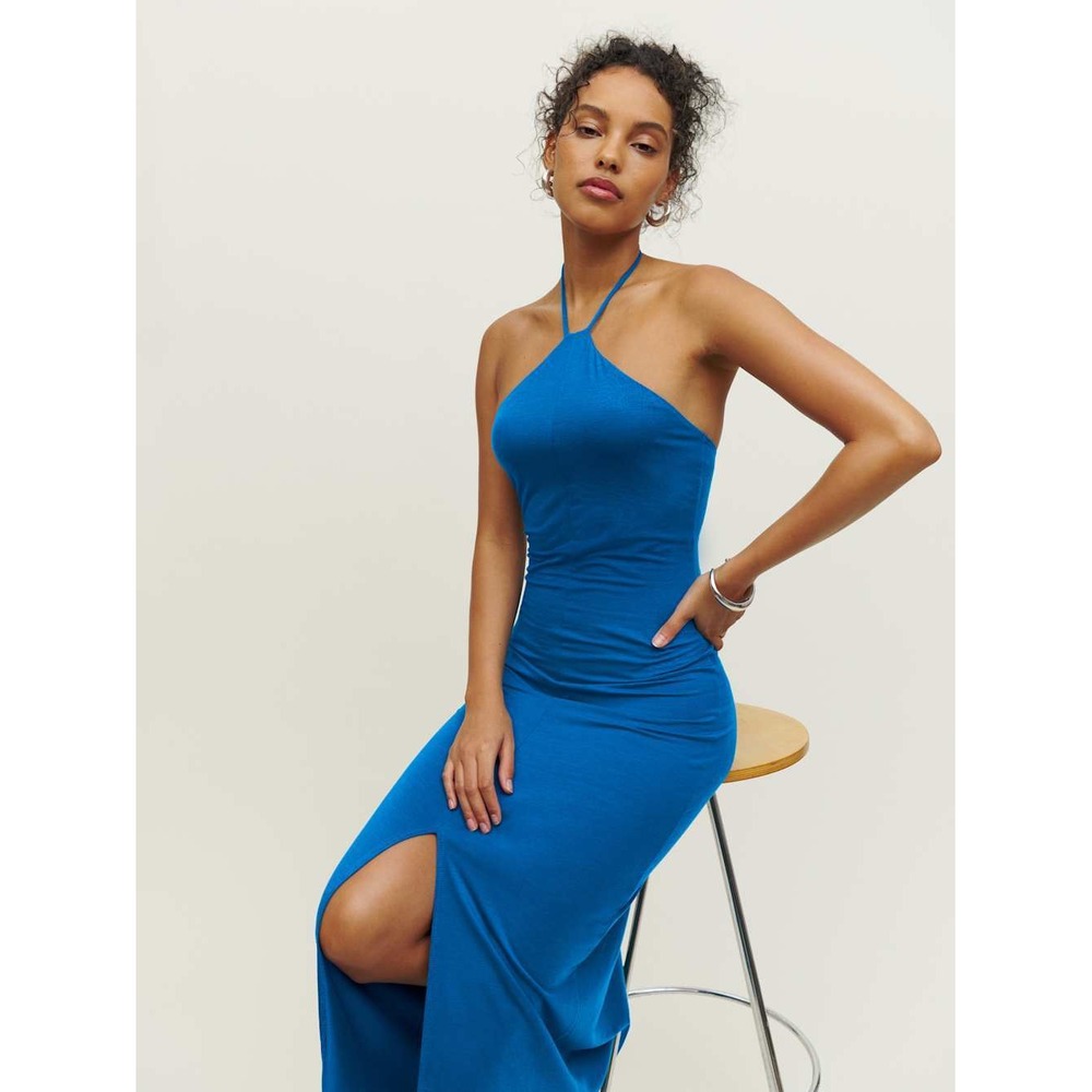 Reformation Stetson Knit Blue Tencel Halter Neck Midi Dress‎ XS Cerulean Column